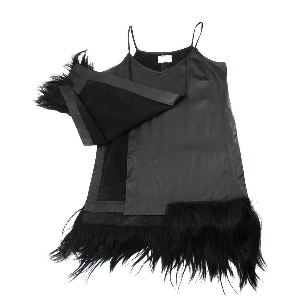 Gary Graham Black Leather Fur Side Slit Tunic Dress Sleeveless Avant Garde SZ 10 - Picture 9 of 16